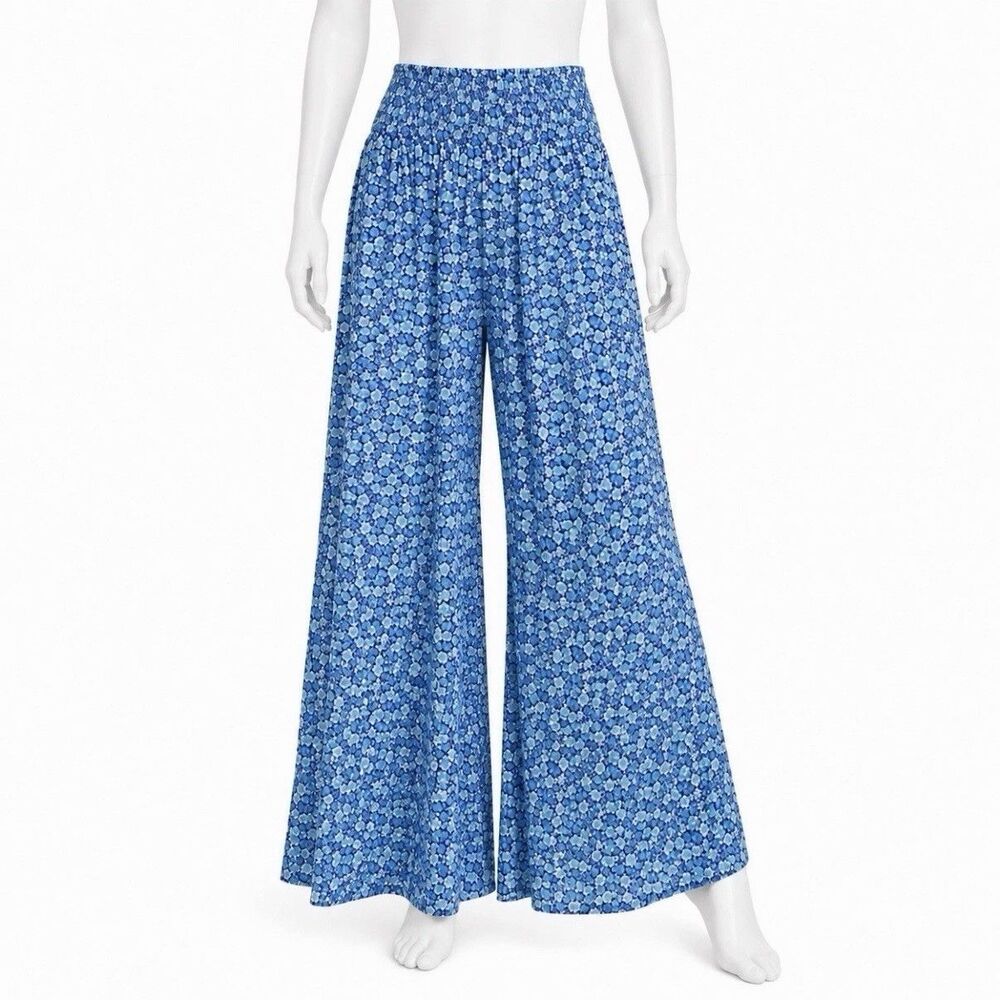 Aerie Smocked Waist Super Wide Leg Party Pants Womens Large Boho Blue Floral - Picture 7 of 7
